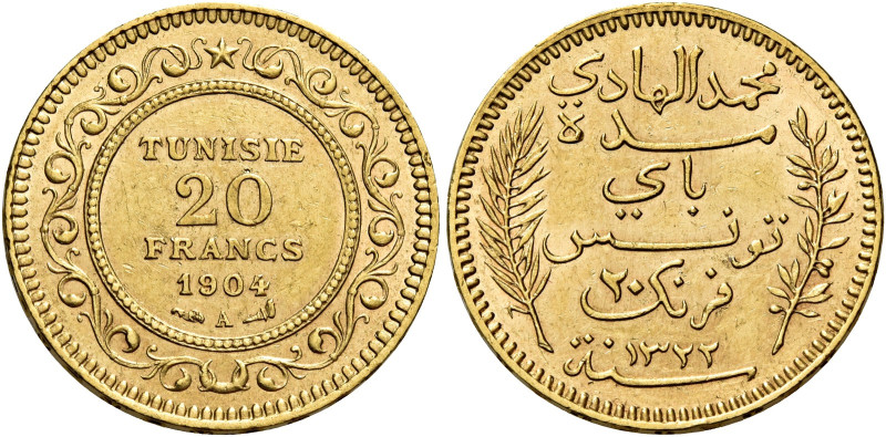 Muhammad Al-Hadi Bey, 1906-1922. 

Da 20 franchi 1904 Parigi. Varesi 700. Frie...