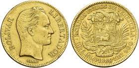Repubblica, 1823-. 

Da 20 bolivares 1886 Caracas. Varesi 754. Friedberg 5b. Non comune. Tracce di montatura, altrimenti buon BB