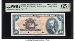 Brazil Tesouro Nacional 5000 Cruzeiros ND (1964) Pick 174bs Specimen PMG Gem Uncirculated 65 EPQ. Two POCs are present on this example. 

HID098012420...