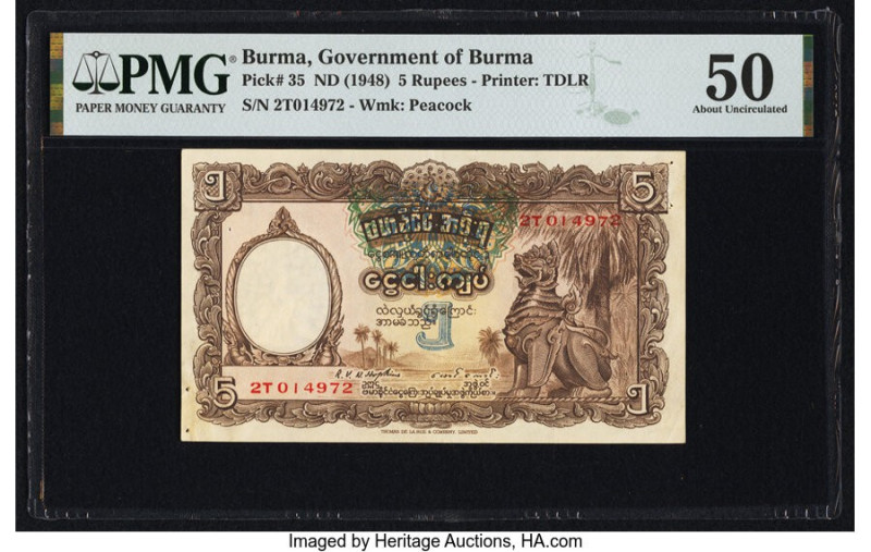 Burma Government of Burma 5 Rupees ND (1948) Pick 35 PMG About Uncirculated 50. ...