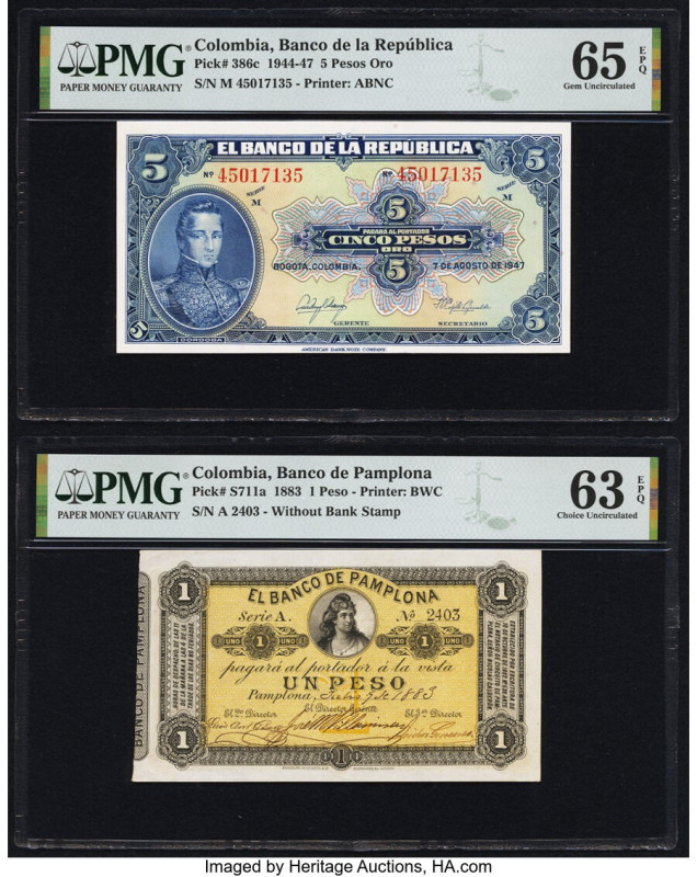 Colombia Banco de la Republica; Banco de Pamplona 5 Pesos Oro; 1 Peso 7.8.1947; ...