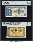 Colombia Banco de la Republica; Banco de Pamplona 5 Pesos Oro; 1 Peso 7.8.1947; 1883 Pick 386c; S711a Two Examples PMG Gem Uncirculated 65 EPQ; Choice...