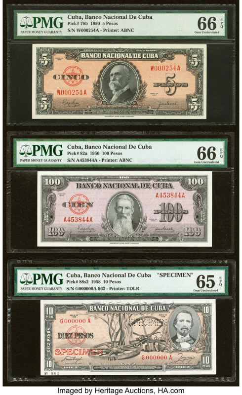 Cuba Banco Nacional de Cuba 5; 100; 10 Pesos 1950 (2); 1958 Pick 78b; 82a; 88s2 ...