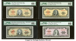Cuba Banco Nacional de Cuba 20 (2); 50; 100 Pesos 1958 (2); 1950 (2) Pick 80b; 80s2; 81a; 82a Issued (2)/Specimen PMG Gem Uncirculated 66 EPQ (4). POC...