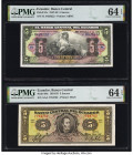 Ecuador Banco Central del Ecuador 5 Sucres 6.5.1949; 28.11.1955 Pick 91c; 98c Two Examples PMG Choice Uncirculated 64 EPQ (2). 

HID09801242017

© 202...