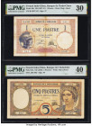 French Indochina Banque de l'Indo-Chine 1; 5 Piastres ND (1927-31); (1926) Pick 48b; 49a Two Examples PMG Very Fine 30; Extremely Fine 40. Minor rust ...