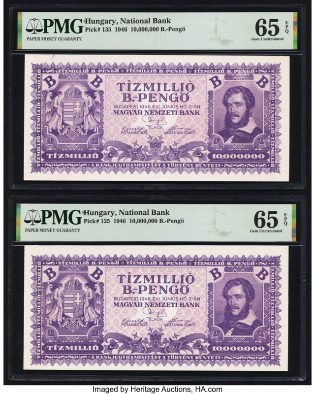 Hungary Hungarian National Bank 10,000,000 B.-Pengo 1946 Pick 135 Two Examples P...