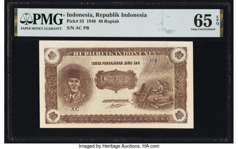 Indonesia Republik Indonesia 40 Rupiah 1948 Pick 33 PMG Gem Uncirculated 65 EPQ....