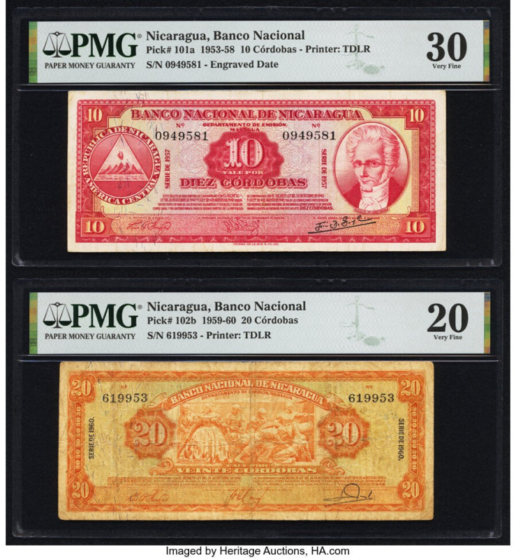 Nicaragua Banco Nacional 10; 20 Cordobas 1957; 1960 Pick 101a; 102b Two Examples...