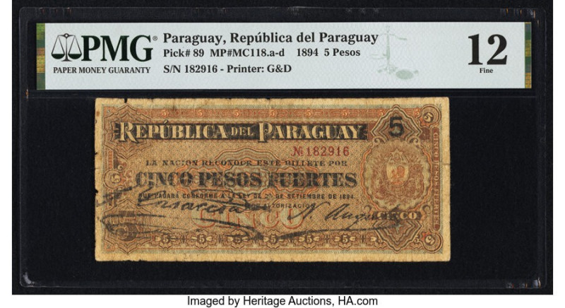 Paraguay Republica del Paraguay 5 Pesos 2.9.1894 Pick 89 PMG Fine 12. 

HID09801...