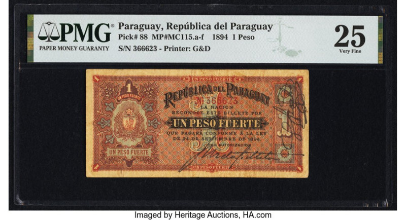 Paraguay Republica del Paraguay 1 Peso 24.9.1894 Pick 88 PMG Very Fine 25. 

HID...