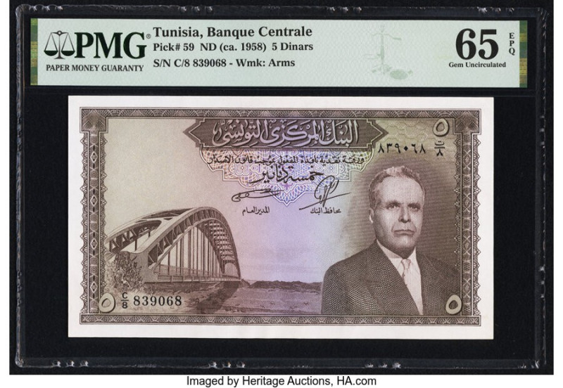 Tunisia Banque Centrale 5 Dinars ND (ca. 1958) Pick 59 PMG Gem Uncirculated 65 E...