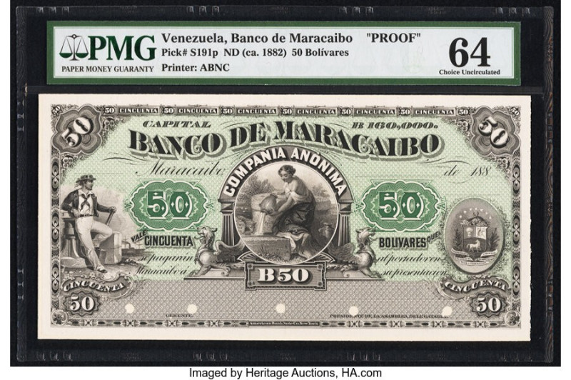 Venezuela Banco de Maracaibo 50 Bolivares ND (ca. 1882) Pick S191p Proof PMG Cho...