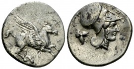 Corinth AR Stater, c. 415-345 BC 

Corinthia, Corinth . AR Stater (22–23 mm, 8.36 g), c. 415–345 BC.
Obv. Pegasos flying right, koppa below.
Rev. ...