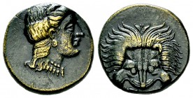 Samos AE14, c. 408-366 BC 

Islands off Ionia, Samos . AE14 (2.78 g), c. 408/4-380/66 BC.
Obv. Head of Hera to right.
Rev. Facing lion scalp; no e...
