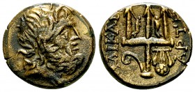 Halikarnassos AE17, c. 150-50 BC 

Caria, Halikarnassos . AE17 (5.34 g), c. 150-50 BC.
Obv. Head of Poseidon right, wearing tainia.
Rev. ΑΛΙΚΑΡ, t...