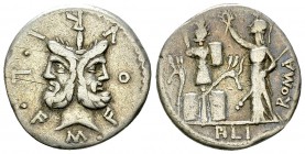 L. Furius Philus AR Denarius, 121 BC 

 L. Furius Philus . AR Denarius (18-19 mm, 3.81 g). Rome, 121 BC.
Obv. M FOVRI L F, Laureate head of Janus....