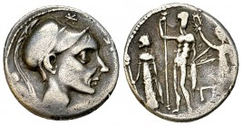 Cn. Blasio Cn. F. AR Denarius, 112/111 BC 

 Cn. Blasio Cn. F. AR Denarius (16-17 mm, 3.37 g), Roma, 112/111 BC. 
Obv. Helmteted head of Mars right...