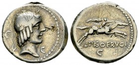 L. Piso Frugi AR Denarius, 90 BC 

 L Piso Frugi. AR Denarius (18-19 mm, 4.11 g). Rome, 90 BC.
Obv. Laureate head of Apollo to right; behind, conro...