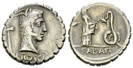 L. Roscius Fabatus AR Denarius, 64 BC 

 L. Roscius Fabatus. AR Denarius serratus (18 mm, 3.80 g), Rome, 64 BC.
Obv. Head of Juno Sospita right; be...