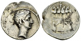 Octavianus AR Denarius, c. 30-29 BC 

 Octavianus . AR Denarius (22 mm, 3.45 g), c. 30-29 BC.
Obv. Bare head to right.
Rev. Octavian's Actian arch...