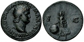 Nero AE As, Victory reverse 

 Nero (54-68 AD). AE As (28 mm, 10.10 g), Lugdunum, AD 67.
Obv. IMP NERO CAESAR AVG P MAX TR P P P, Bare head of Nero...