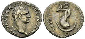 Domitianus AR Denarius, Dolphin reverse 

 Domitianus (81-96 AD). AR Denarius (). Rome, 82 AD.
Obv. IMP CAES DOMITIANVS AVG P M, laureate bust to r...