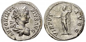 Caracalla AR Denarius, Virtus reverse 

Septimius Severus (193-211 AD) for Caracalla . AR Denarius (19-20 mm, 3.52 g), Rome 207.
Obv. ANTONINVS PIV...