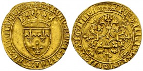 Charles VI, Ecu d'or à la couronne 

Royaume de France. Charles VI (1380-1422). Ecu d'or à la couronne (29 mm, 3.83 g), Poitiers, 1394.
Av. + KAROL...