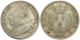 Louis XVIII, AR 5 Francs 1814 Q, Perpignan 

France, Royaume. Louis XVIII (1814-1824). 1ère restauration. AR 5 Francs 1814 (37 mm, 24.76 g), Paris....