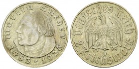 Weimarer Republik, AR 2 Reichsmark 1933 J 

Deutschland, Weimarer Republik . AR 2 Reichsmark 1933 J (7.95 g). Martin Luther.
AKS 92.

Fast vorzüg...