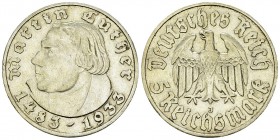 Weimarer Republik, AR 5 Reichsmark 1933 J 

Deutschland, Weimarer Republik . AR 5 Reichsmark 1933 J (13.82 g). Martin Luther.
AKS 69.

Fast vorzü...