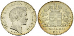 Greece, AR 5 Drachmai 1833 

 Greece. Otto I (1832-1862). AR 5 Drachmai 1833 A (37 mm, 22.30 g). Munich mint.
KM 20.

Nicely toned and good extre...