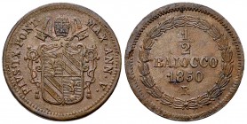 Pius IX, CU Mezzo Baiocco 1850 R 

Stato Pontifico. Pius IX (1846-1878). CU Mezzo Baiocco 1850/V R (24 mm, 5.12 g), Roma.
KM 1345.

Splendido.