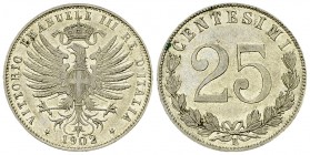Italia, NI 25 Centesimi 1902 R, rara 

Italia. Vittorio Emanuele III (1900-1943). NI 25 Centesimi 1902 R (4.02 g).
Pag. 827; MIR 1152a (R).

Rara...