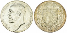 Liechtenstein, AR 5 Kronen 1910 

 Liechtenstein, Fürstentum. AR 5 Kronen 1910 (24.03 g).
HMZ 2-1376d; Divo 95.

Vorzüglich bis unzirkuliert.