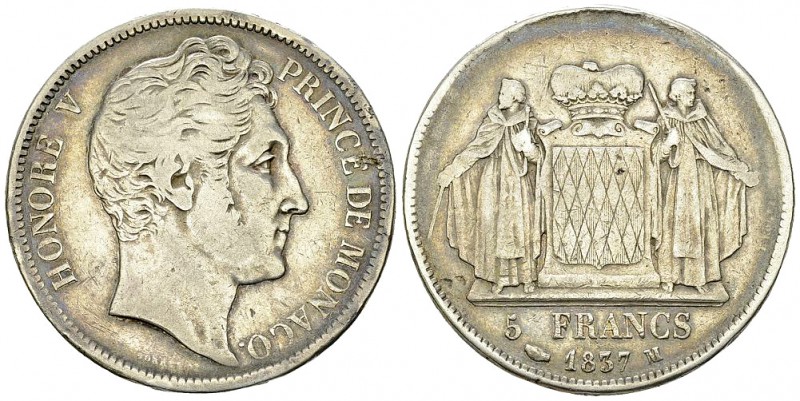 Monaco AR 5 Francs 1837 M 

Monaco. Honore V (1819-1841). AR 5 Francs 1837 M (...