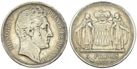 Monaco AR 5 Francs 1837 M 

Monaco. Honore V (1819-1841). AR 5 Francs 1837 M (37 mm, 24.68 g), Monaco.
 KM 96; Gad. 107; Davenport 219.

Rare. Fi...