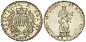 San Marino, AR 5 Lire 1898 

 San Marino . AR 5 Lire 1898 R (25.03 g), Roma.
KM 6.

Patina da medagliere. Quasi FDC.
