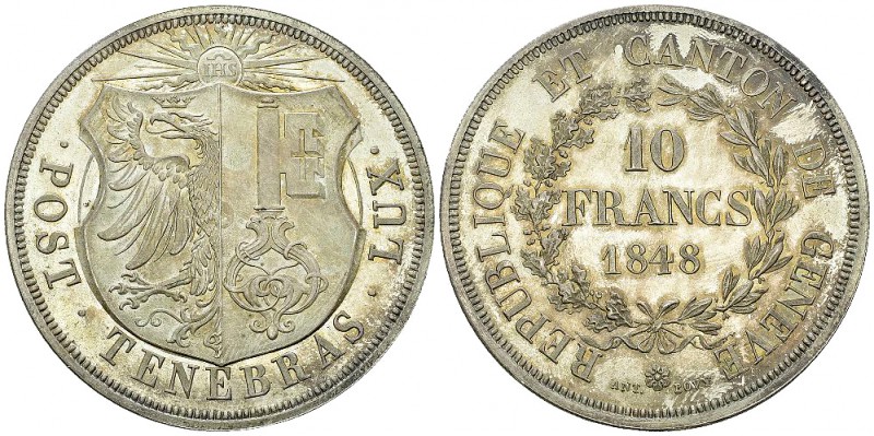 Genf, AR 10 Francs 1848 

 Genf, Kanton. AR 10 Francs 1848 (48 mm, 52.09 g).
...