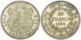 Genf, AR 10 Francs 1848 

 Genf, Kanton. AR 10 Francs 1848 (48 mm, 52.09 g).
HMZ 2-636a; DT 279a.

Sehr selten, nur 385 Exemplare geprägt. Beeind...