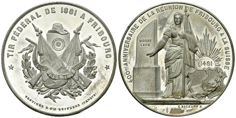Fribourg, Weissmetallmedaille 1881, Tir fédéral 

Schweiz, Eidgenossenschaft. ...