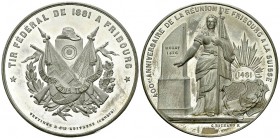 Fribourg, Weissmetallmedaille 1881, Tir fédéral 

Schweiz, Eidgenossenschaft. Fribourg . Weissmetallmedaille 1881 (), auf das Tir fédéral.
Richter ...