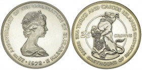 Turks & Caicos Islands, AR 25 Crowns 1978 

Great Britain, Turks &amp; Caicos Islands . AR 25 Crowns 1978 (47 mm, 43.34 g), 25th Anniversary of the ...