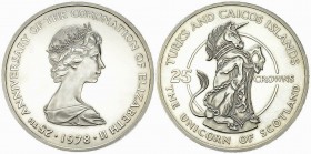 Turks & Caicos Islands, AR 25 Crowns 1978 

Great Britain, Turks &amp; Caicos Islands . AR 25 Crowns 1978 (47 mm, 43.64 g), 25th Anniversary of the ...