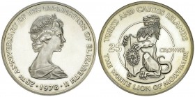 Turks & Caicos Islands, AR 25 Crowns 1978 

Great Britain, Turks &amp; Caicos Islands . AR 25 Crowns 1978 (47 mm, 43.35 g), 25th Anniversary of the ...
