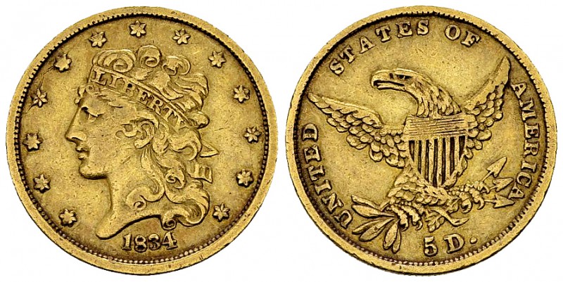 USA AV 5 Dollar 1834 

 USA . AV 5 Dollar 1834 (22 mm, 8.22 g). 
KM 57. 

V...