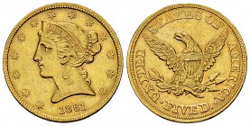USA AV 5 Dollar 1861 

 USA . AV 5 Dollar 1861 (21-22 mm, 8.33 g). 
KM 69. 

Very fine to extremely fine.