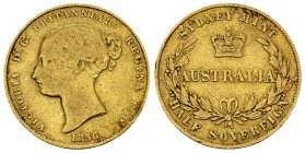 Australia AV 1/2 Sovereign 1856, rare 

Australia. Victoria (1837-1901). AV 1/2 Sovereign 1856 (3.94 g), Sydney.
KM 1.

Rare. Almost very fine.