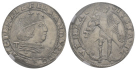 Napoli, Ferdinando d'Aragona 1458-1494
Coronato, 1488-1494, AG 3.91 g.
Ref : MIR 69/2
Conservation : NGC MS61